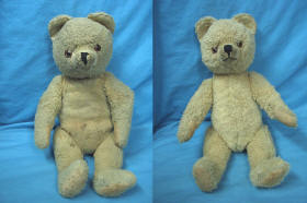 Teddyreparatur: Nase neu gestickt, 2 Pfotenbel�ge erneuert, Brummstimme ausgetauscht, �u�ere Reinigung, Neuf�llung des Bauchbereiches und des linken Armes