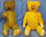 Bärenreparatur - goldgelber Teddy-Bär aus Kunstseidenplüsch - Tatzen- und Pfotenbeläge erneuert, Arn neu gestaltet, reinigen und aufplüschen des Flores